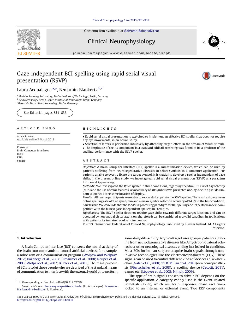 Gaze-independent BCI-spelling using rapid serial visual presentation (RSVP)