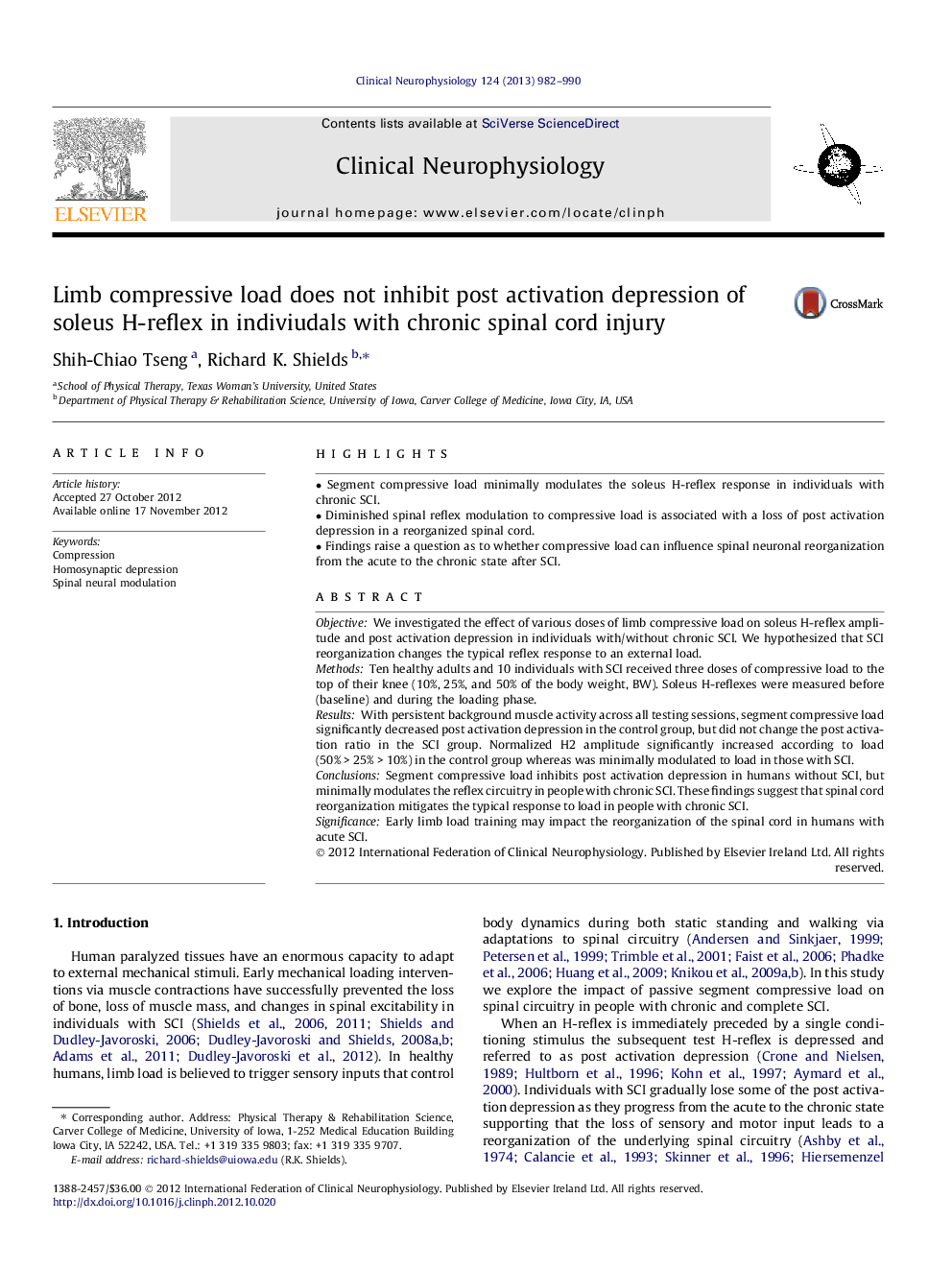 Limb compressive load does not inhibit post activation depression of soleus H-reflex in indiviudals with chronic spinal cord injury