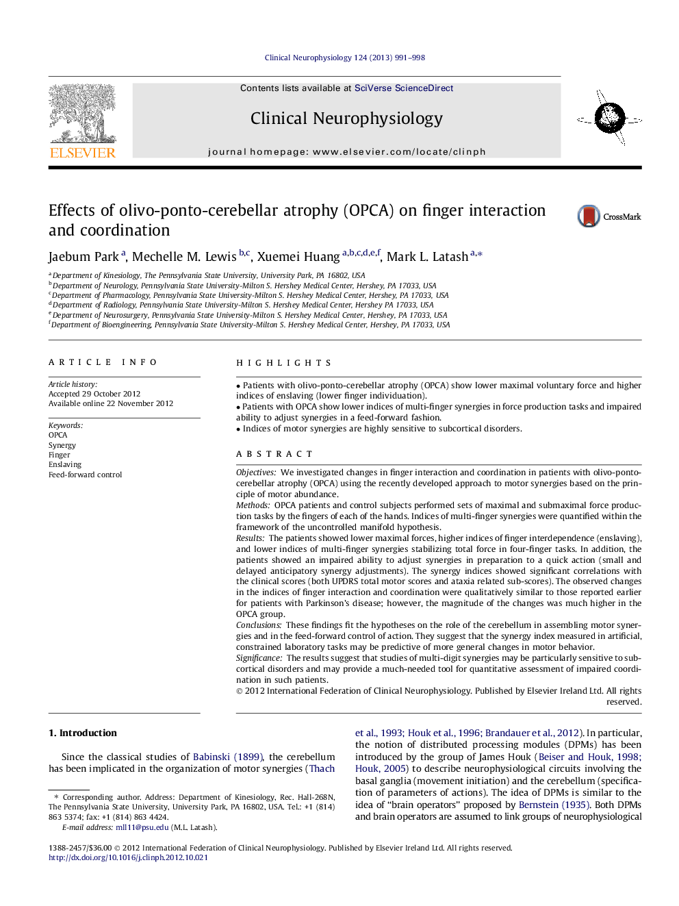 Effects of olivo-ponto-cerebellar atrophy (OPCA) on finger interaction and coordination