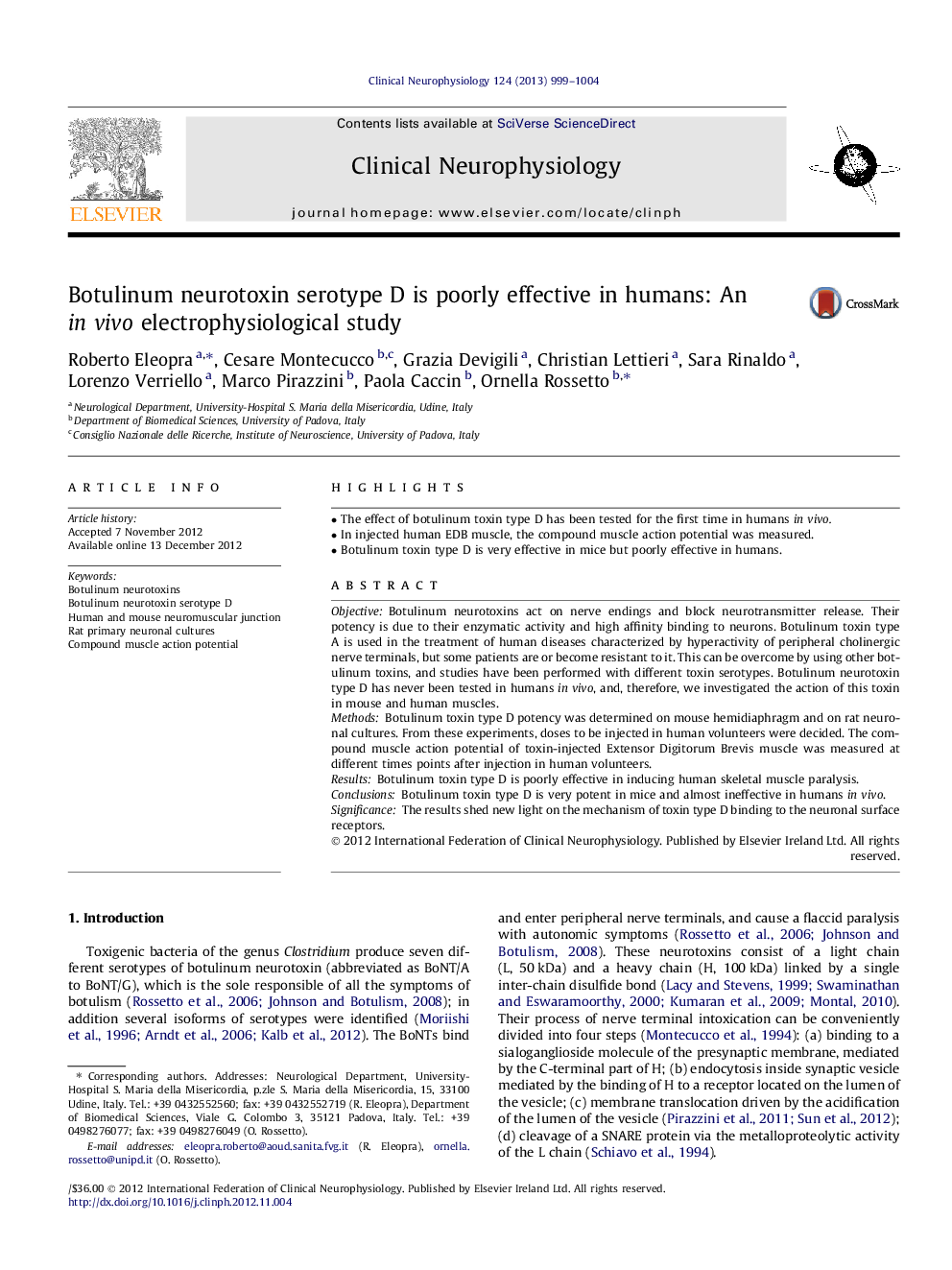 Botulinum neurotoxin serotype D is poorly effective in humans: An in vivo electrophysiological study