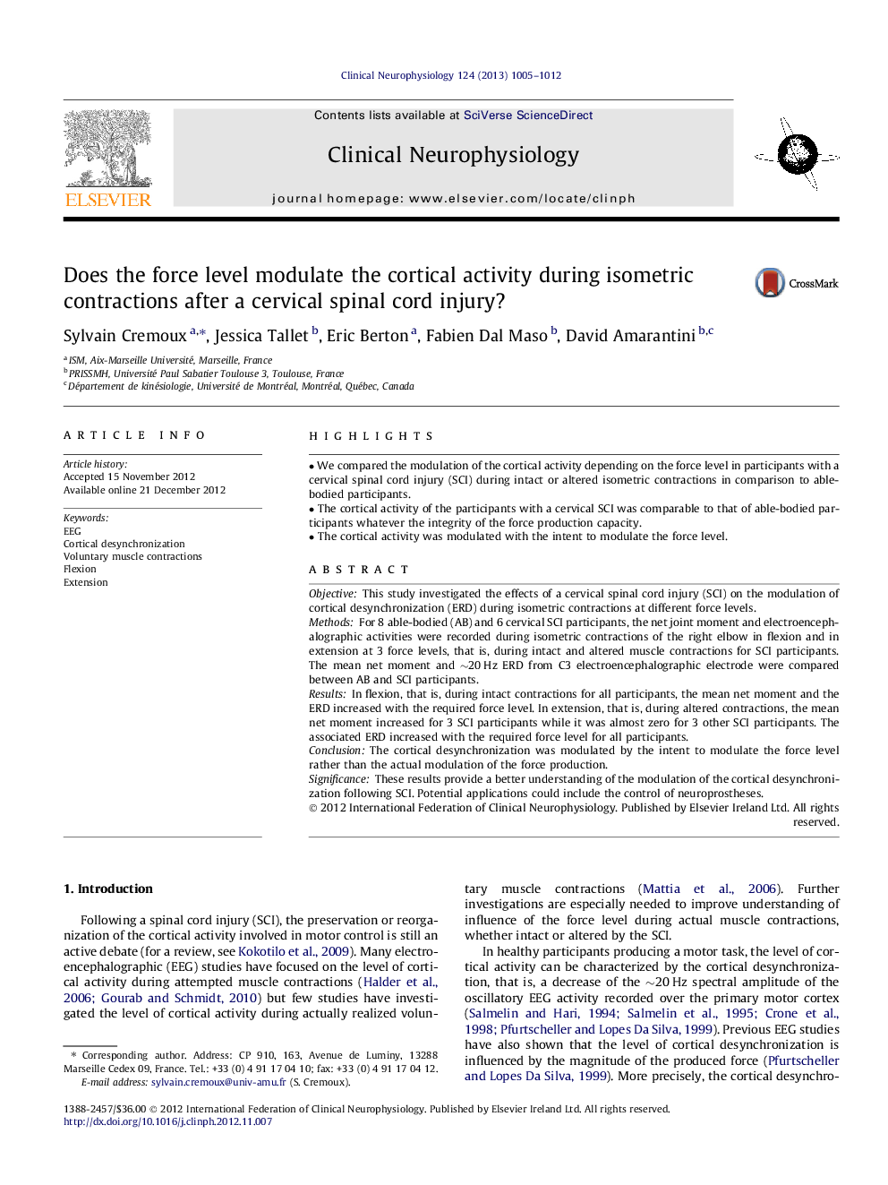 Does the force level modulate the cortical activity during isometric contractions after a cervical spinal cord injury?