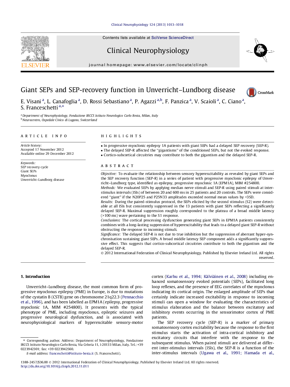 Giant SEPs and SEP-recovery function in Unverricht–Lundborg disease