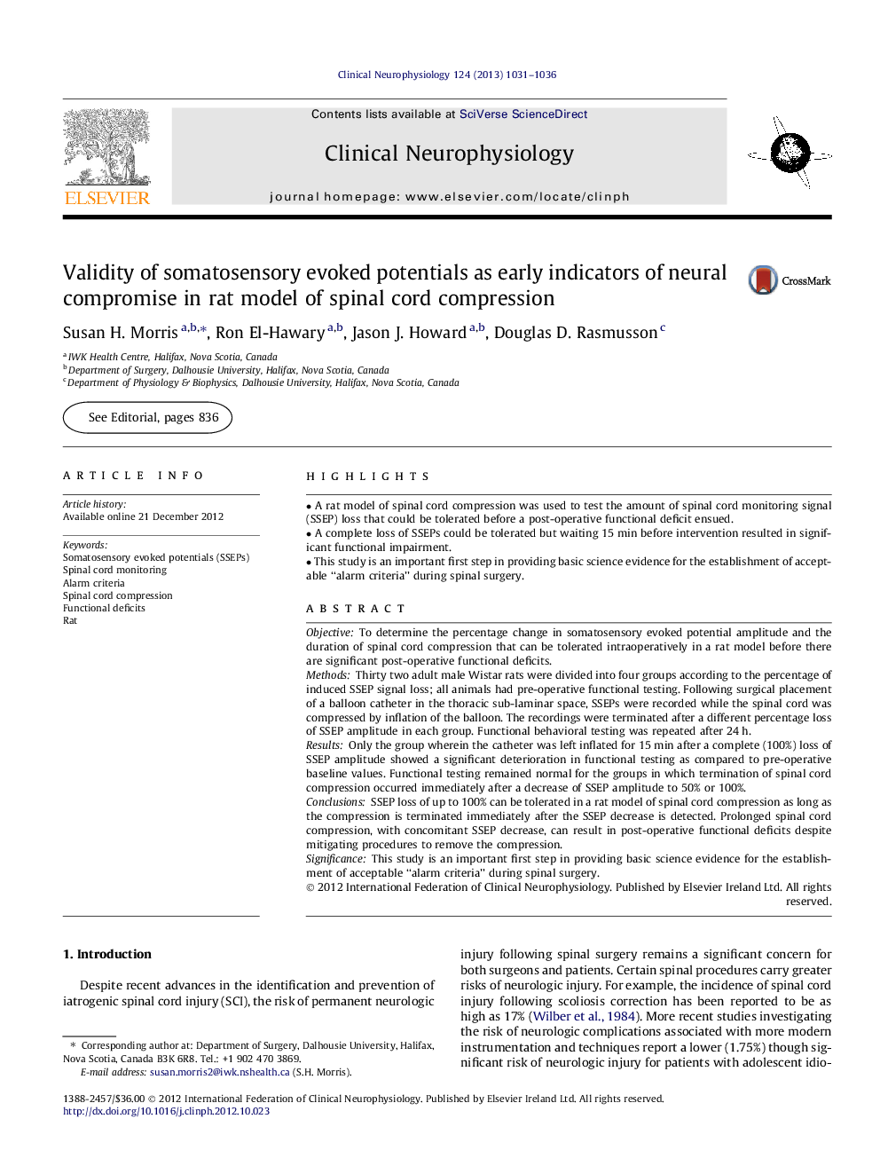 Validity of somatosensory evoked potentials as early indicators of neural compromise in rat model of spinal cord compression