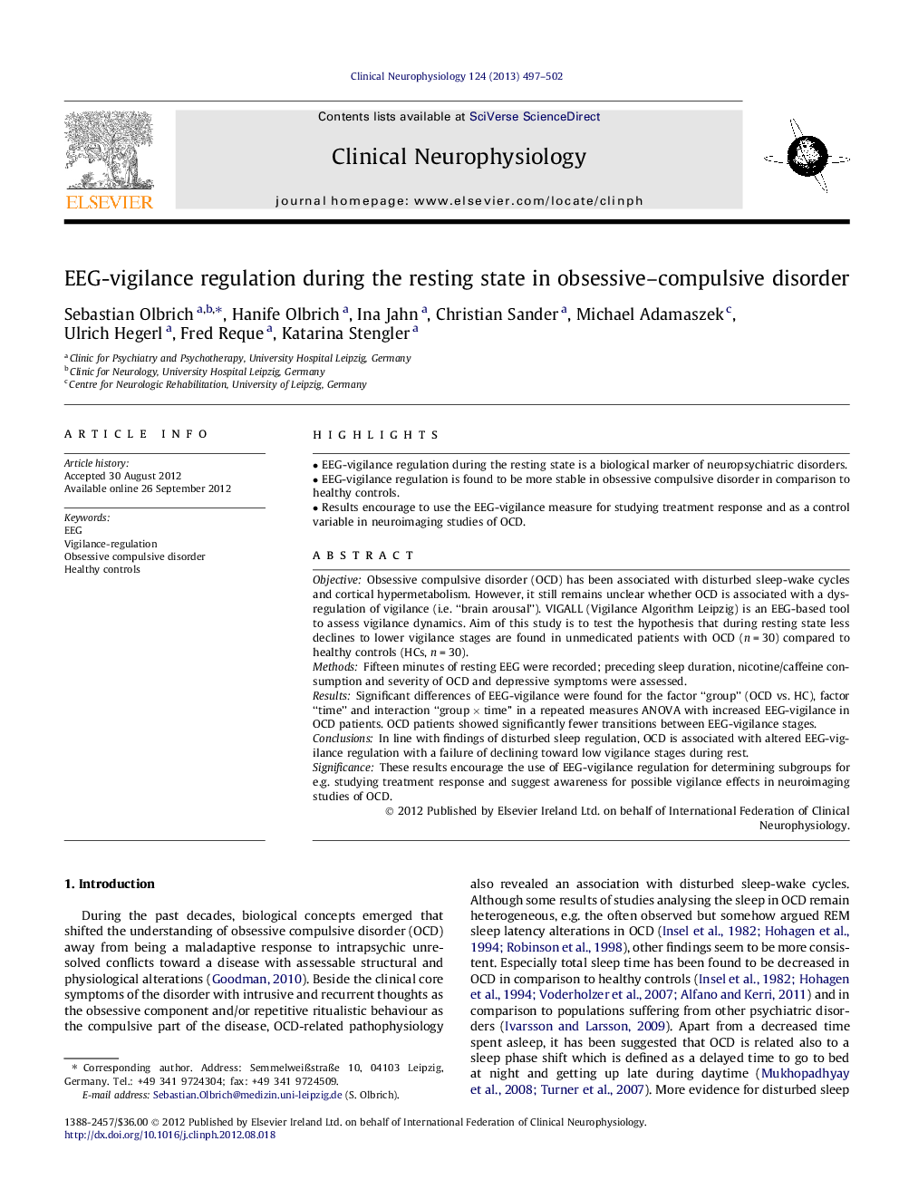 EEG-vigilance regulation during the resting state in obsessive–compulsive disorder