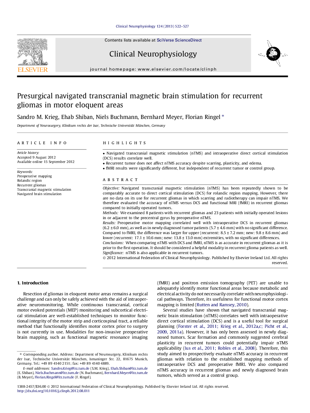 Presurgical navigated transcranial magnetic brain stimulation for recurrent gliomas in motor eloquent areas