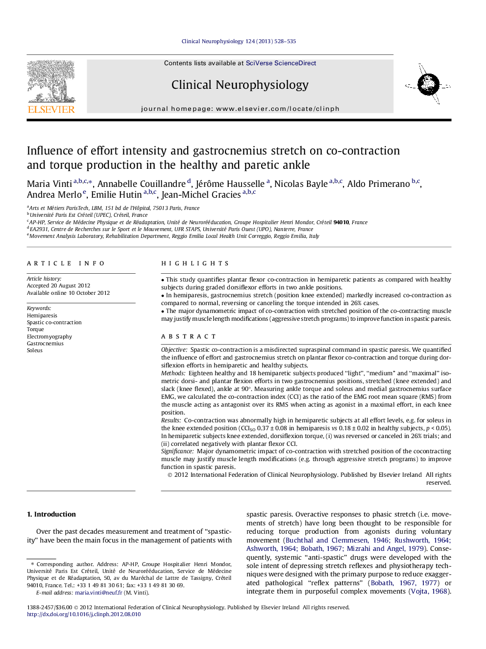 Influence of effort intensity and gastrocnemius stretch on co-contraction and torque production in the healthy and paretic ankle