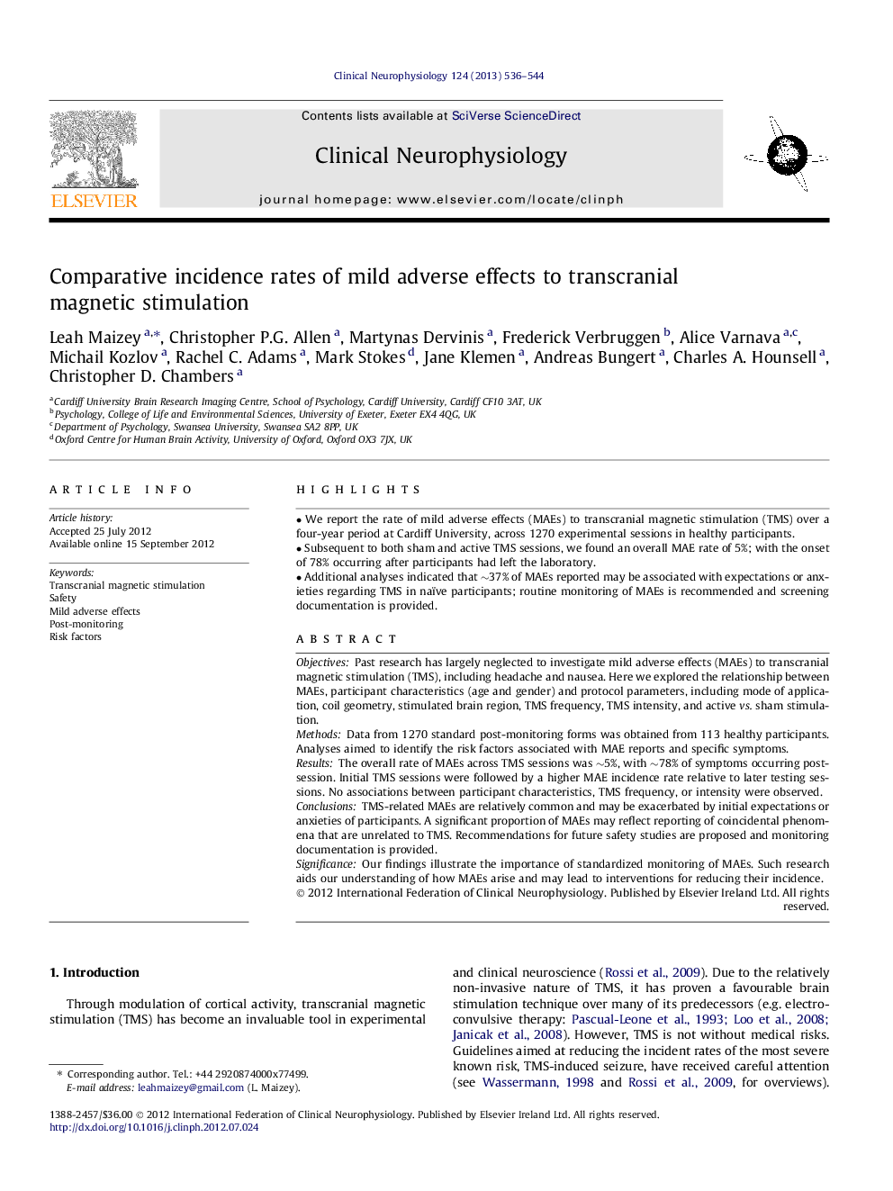 Comparative incidence rates of mild adverse effects to transcranial magnetic stimulation