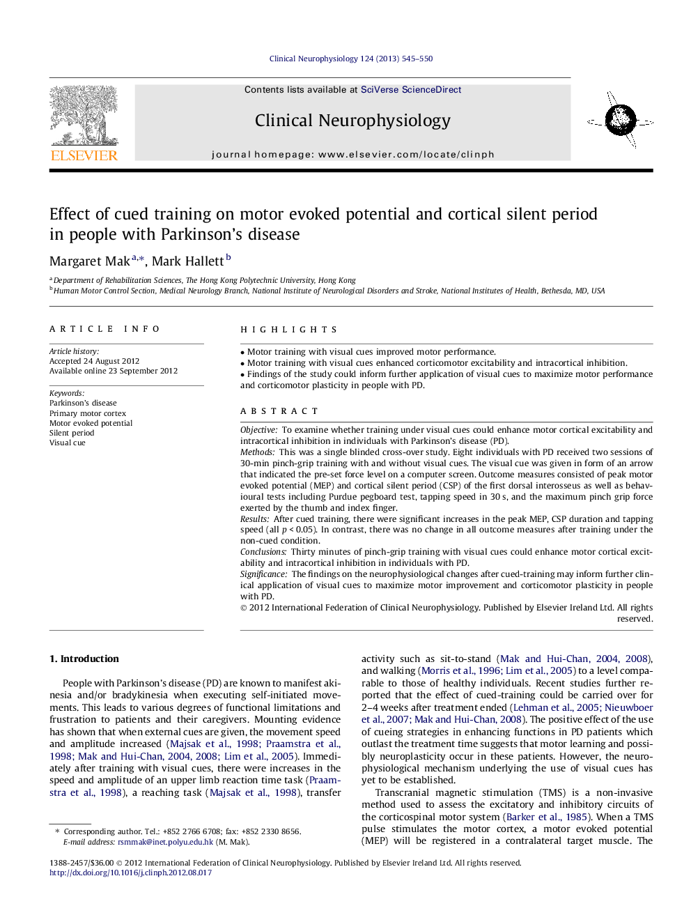 Effect of cued training on motor evoked potential and cortical silent period in people with Parkinson’s disease