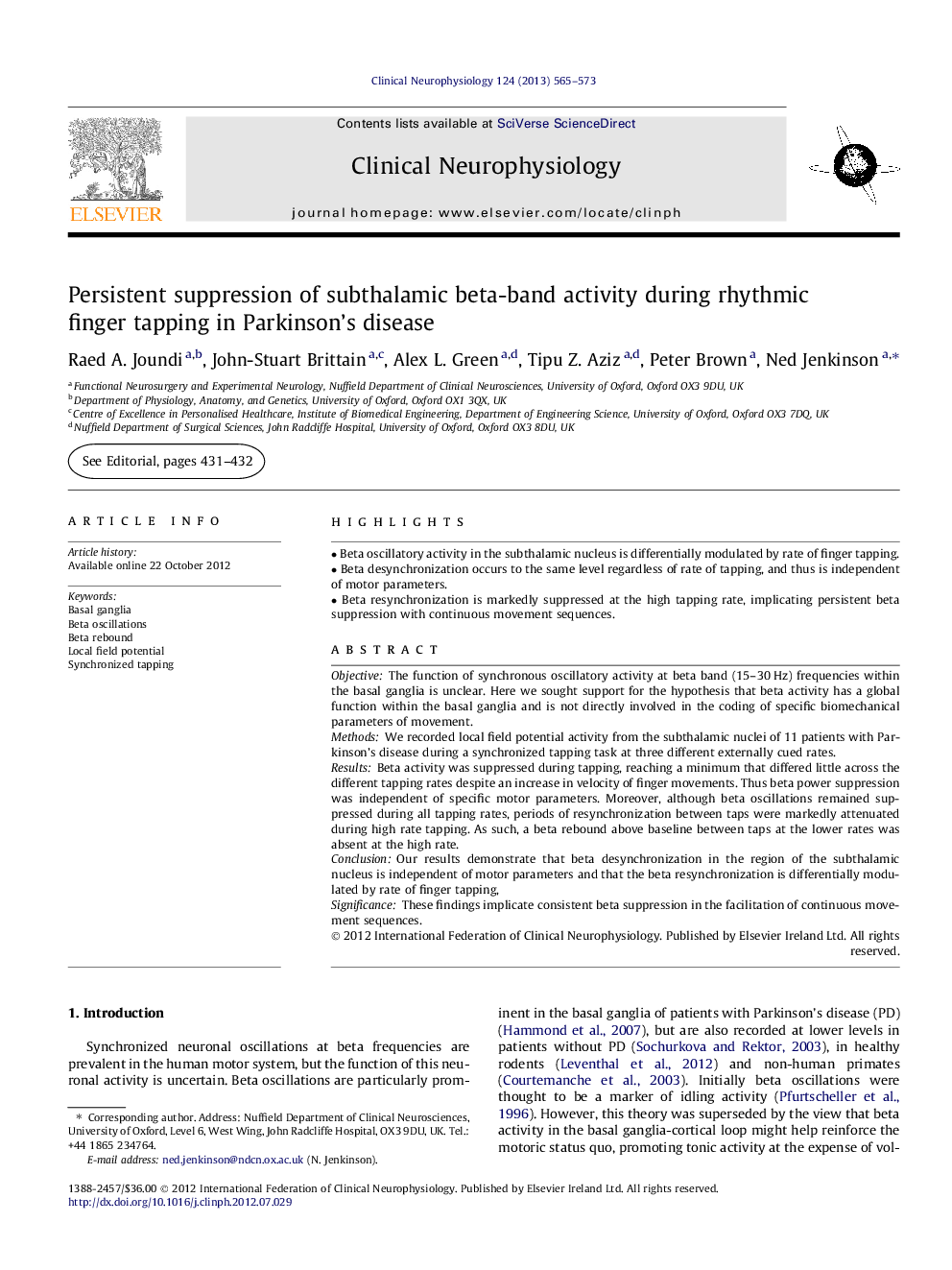 Persistent suppression of subthalamic beta-band activity during rhythmic finger tapping in Parkinson’s disease