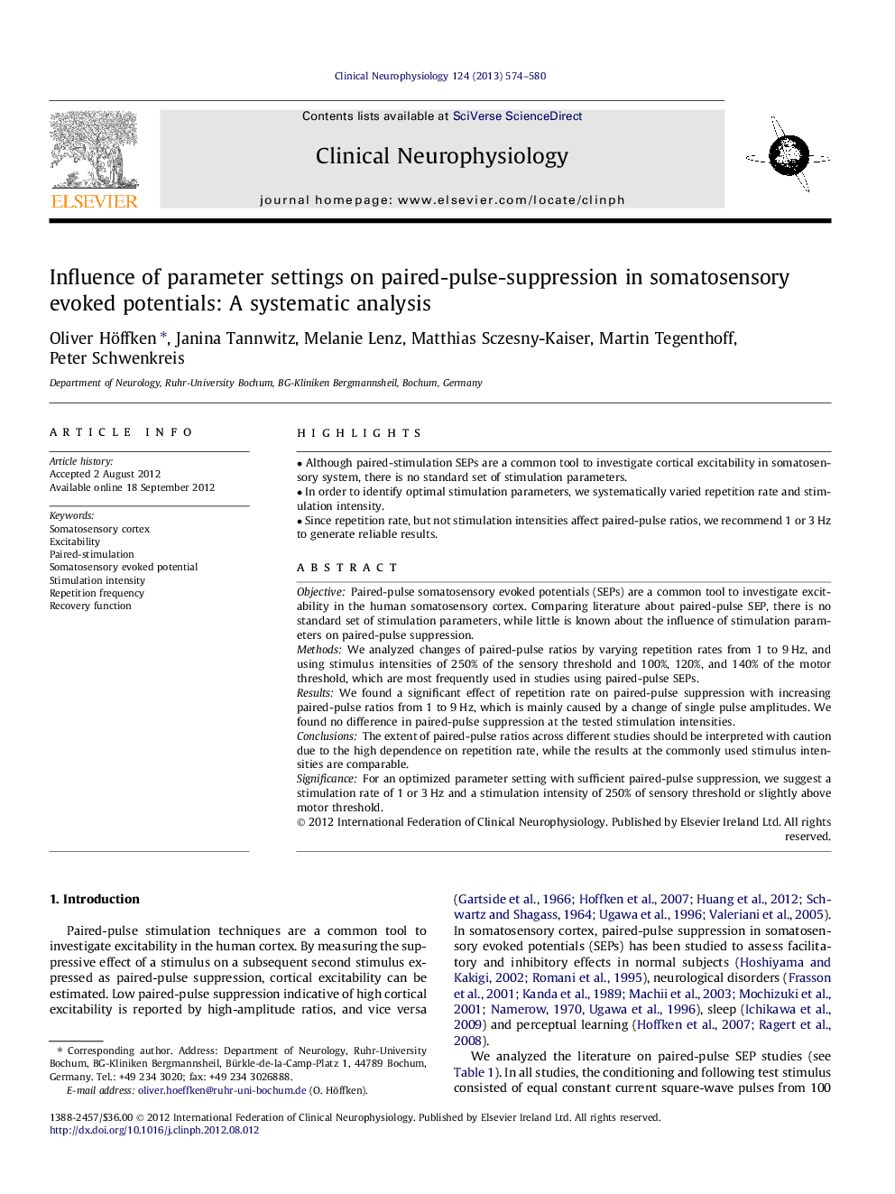 Influence of parameter settings on paired-pulse-suppression in somatosensory evoked potentials: A systematic analysis