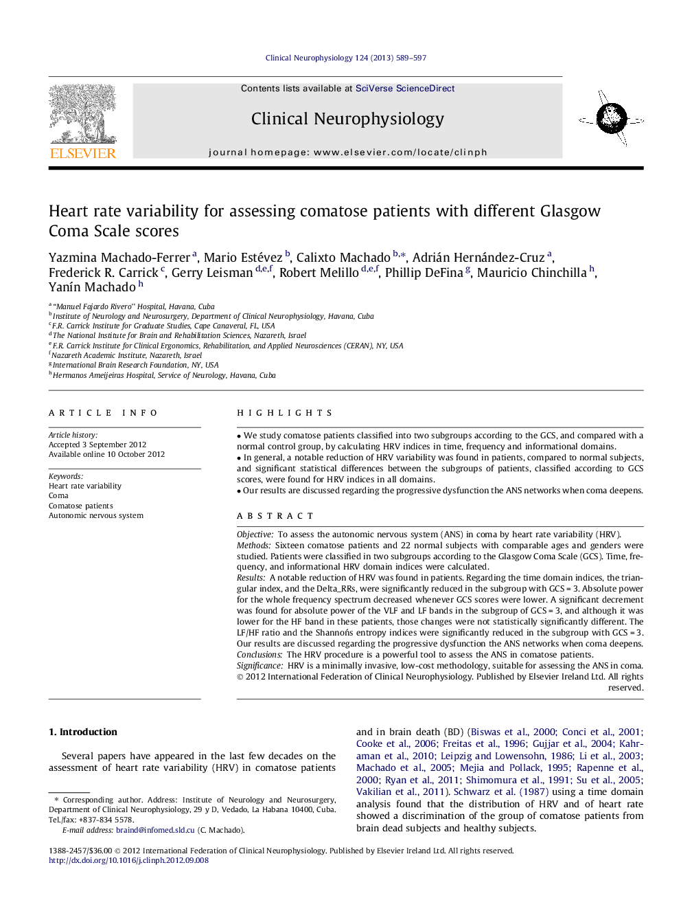 Heart rate variability for assessing comatose patients with different Glasgow Coma Scale scores