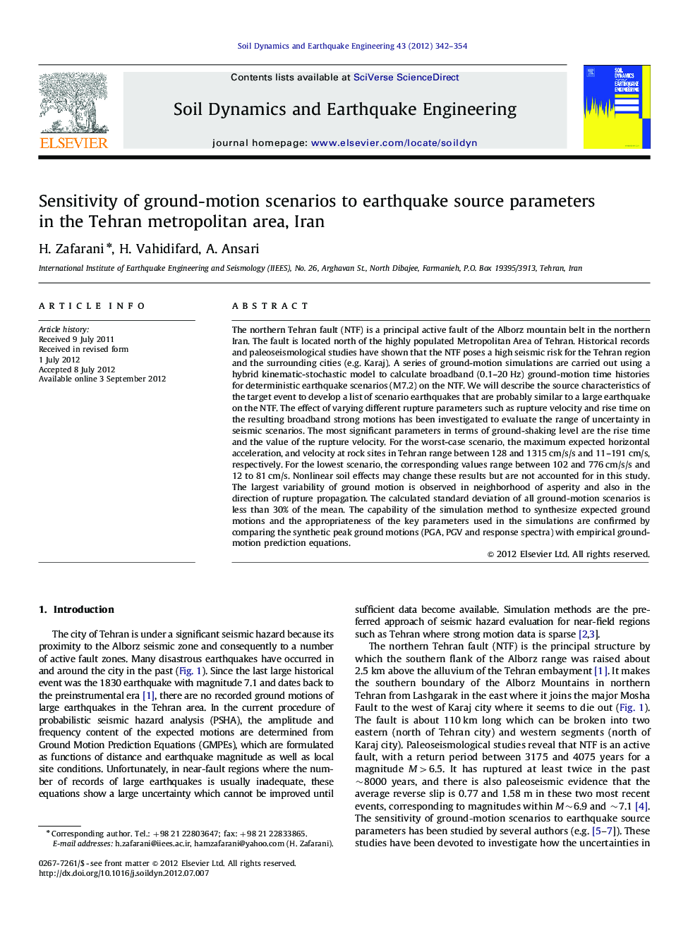 Sensitivity of ground-motion scenarios to earthquake source parameters in the Tehran metropolitan area, Iran