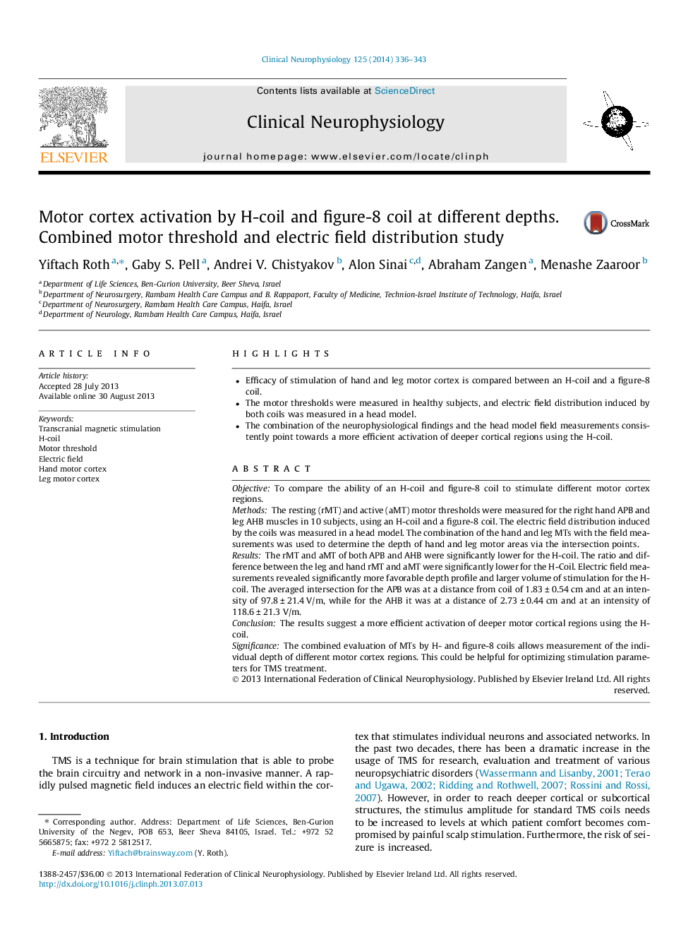 Motor cortex activation by H-coil and figure-8 coil at different depths. Combined motor threshold and electric field distribution study