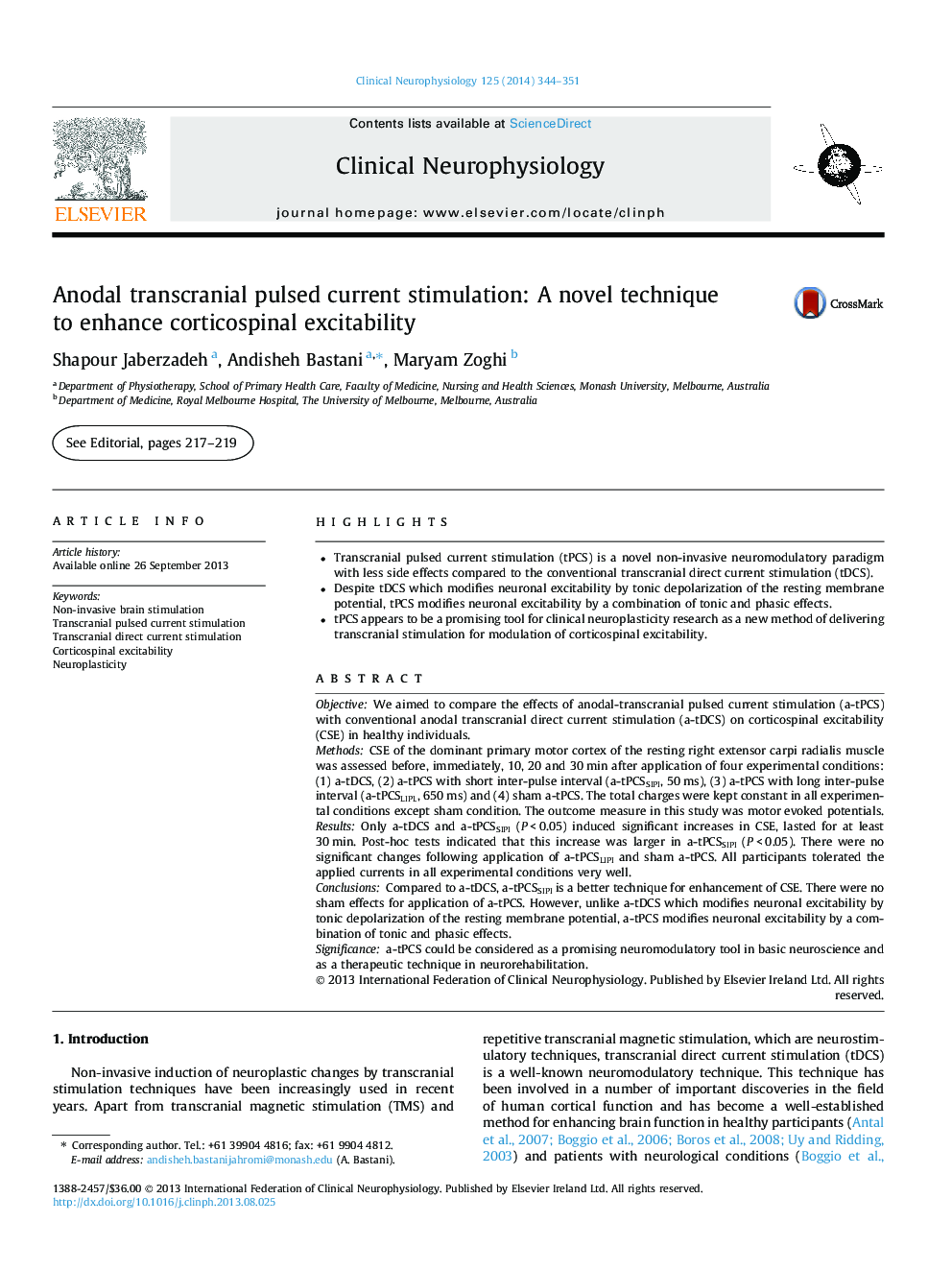 Anodal transcranial pulsed current stimulation: A novel technique to enhance corticospinal excitability