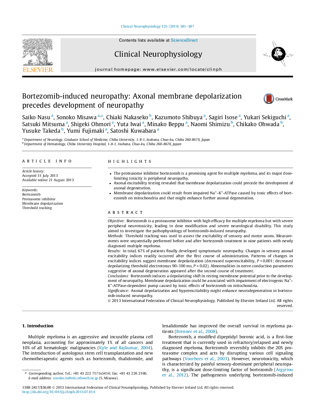 Bortezomib-induced neuropathy: Axonal membrane depolarization precedes development of neuropathy