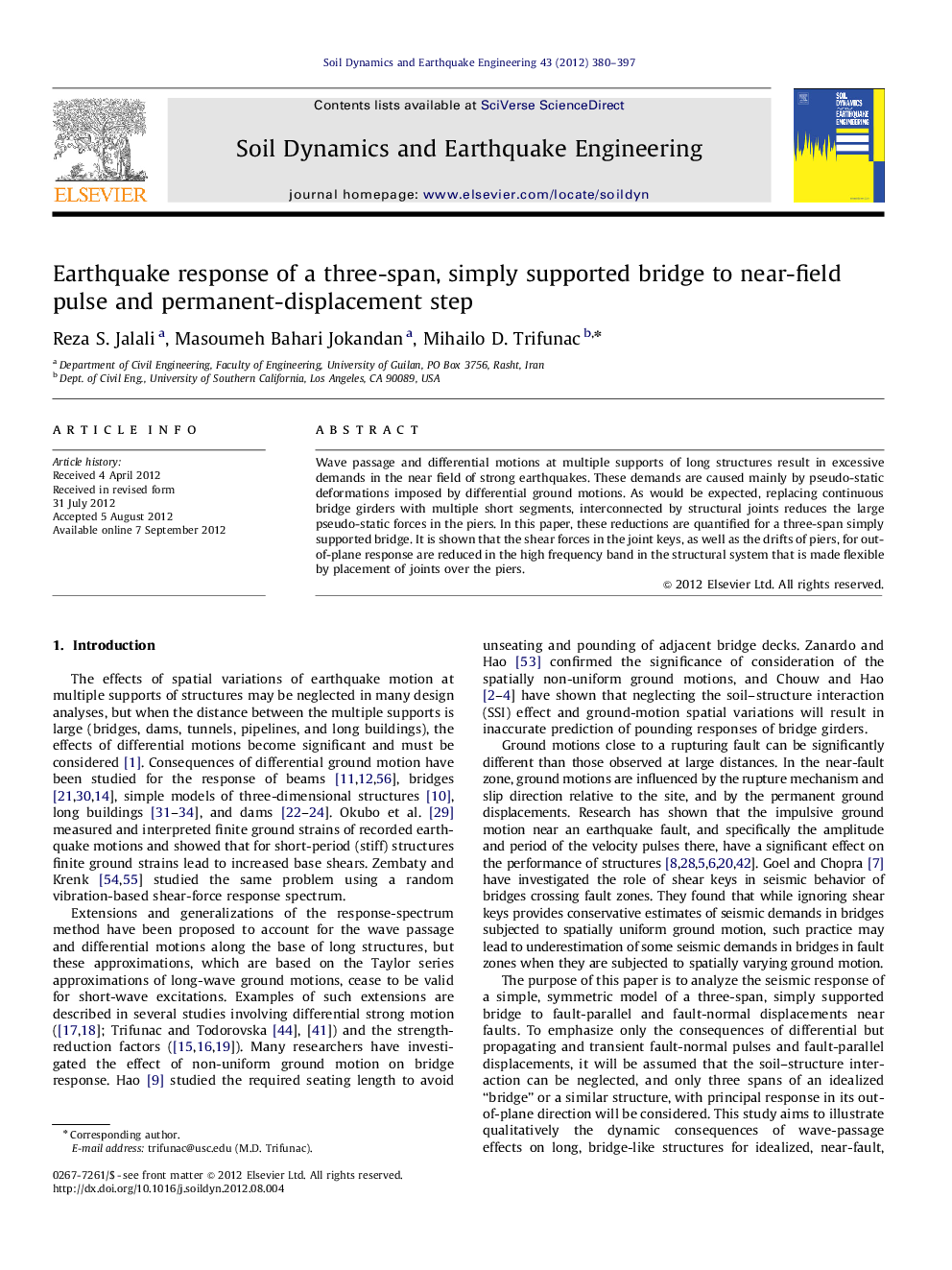 Earthquake response of a three-span, simply supported bridge to near-field pulse and permanent-displacement step