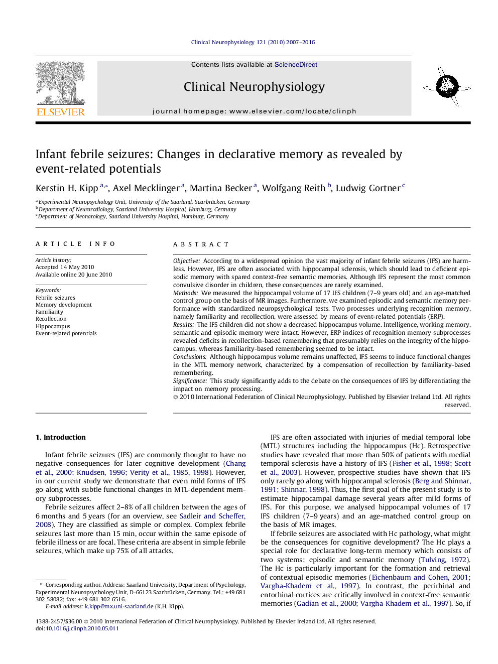 Infant febrile seizures: Changes in declarative memory as revealed by event-related potentials