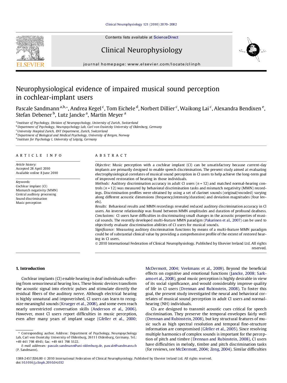 Neurophysiological evidence of impaired musical sound perception in cochlear-implant users