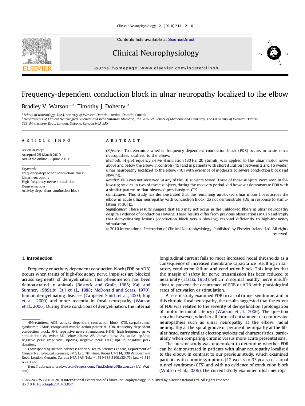 Frequency-dependent conduction block in ulnar neuropathy localized to the elbow