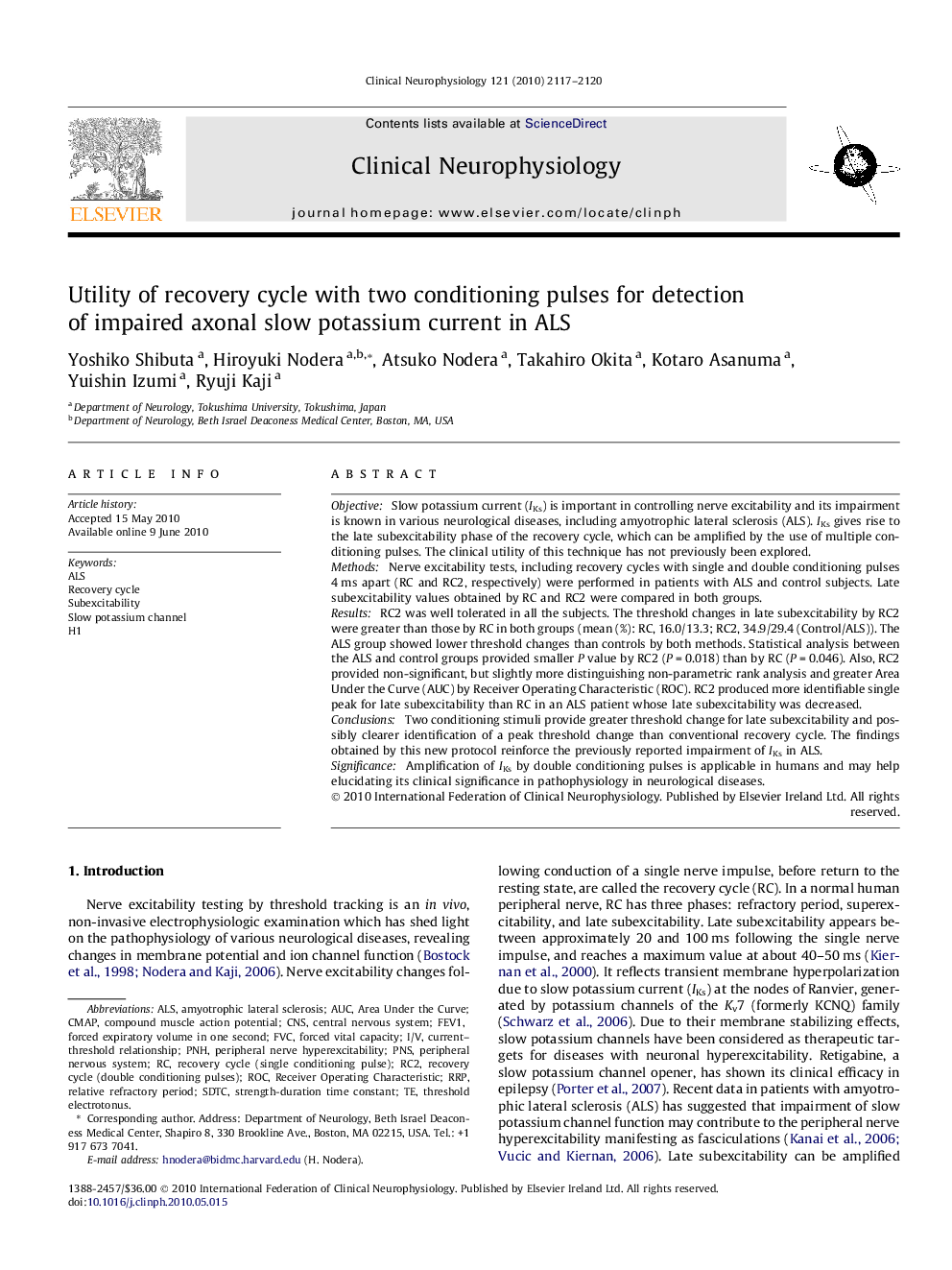 Utility of recovery cycle with two conditioning pulses for detection of impaired axonal slow potassium current in ALS