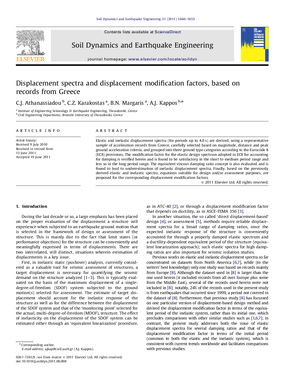 Displacement spectra and displacement modification factors, based on records from Greece