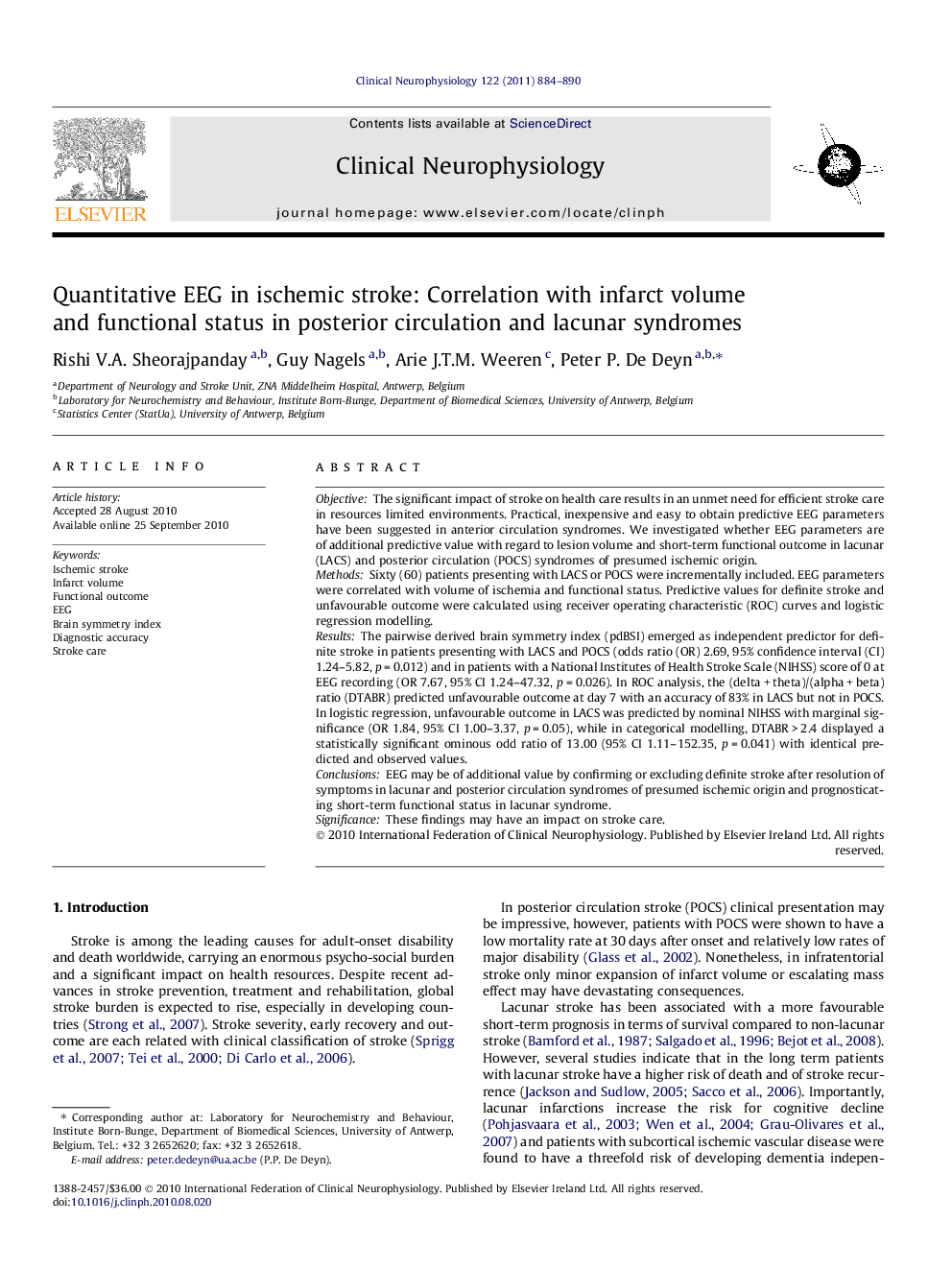 Quantitative EEG in ischemic stroke: Correlation with infarct volume and functional status in posterior circulation and lacunar syndromes