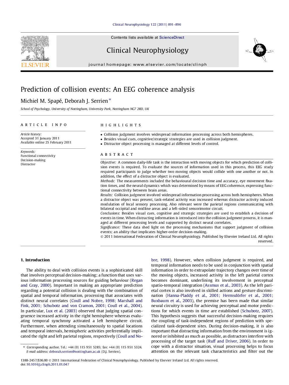 Prediction of collision events: An EEG coherence analysis