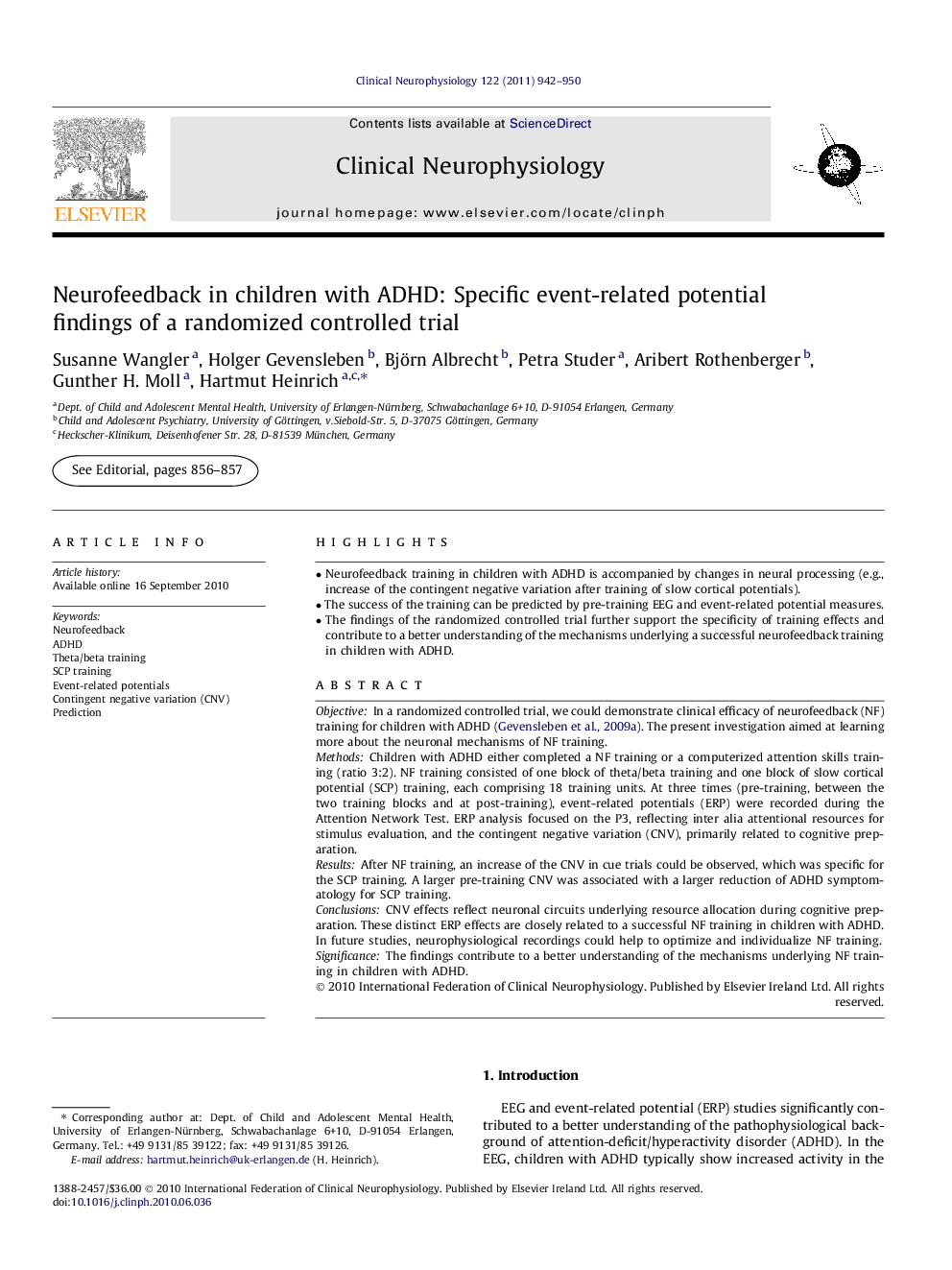 Neurofeedback in children with ADHD: Specific event-related potential findings of a randomized controlled trial