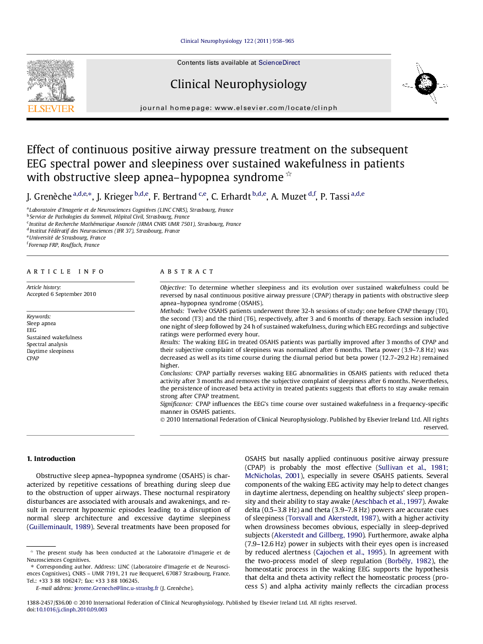 Effect of continuous positive airway pressure treatment on the subsequent EEG spectral power and sleepiness over sustained wakefulness in patients with obstructive sleep apnea–hypopnea syndrome 