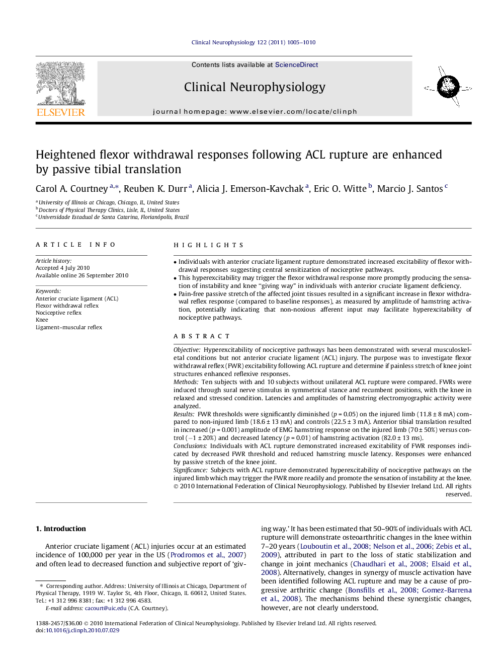 Heightened flexor withdrawal responses following ACL rupture are enhanced by passive tibial translation