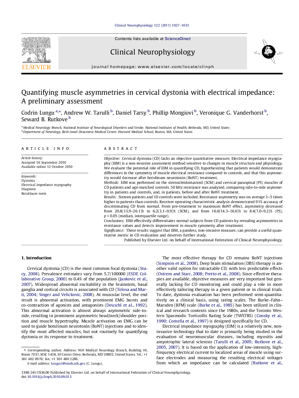 Quantifying muscle asymmetries in cervical dystonia with electrical impedance: A preliminary assessment