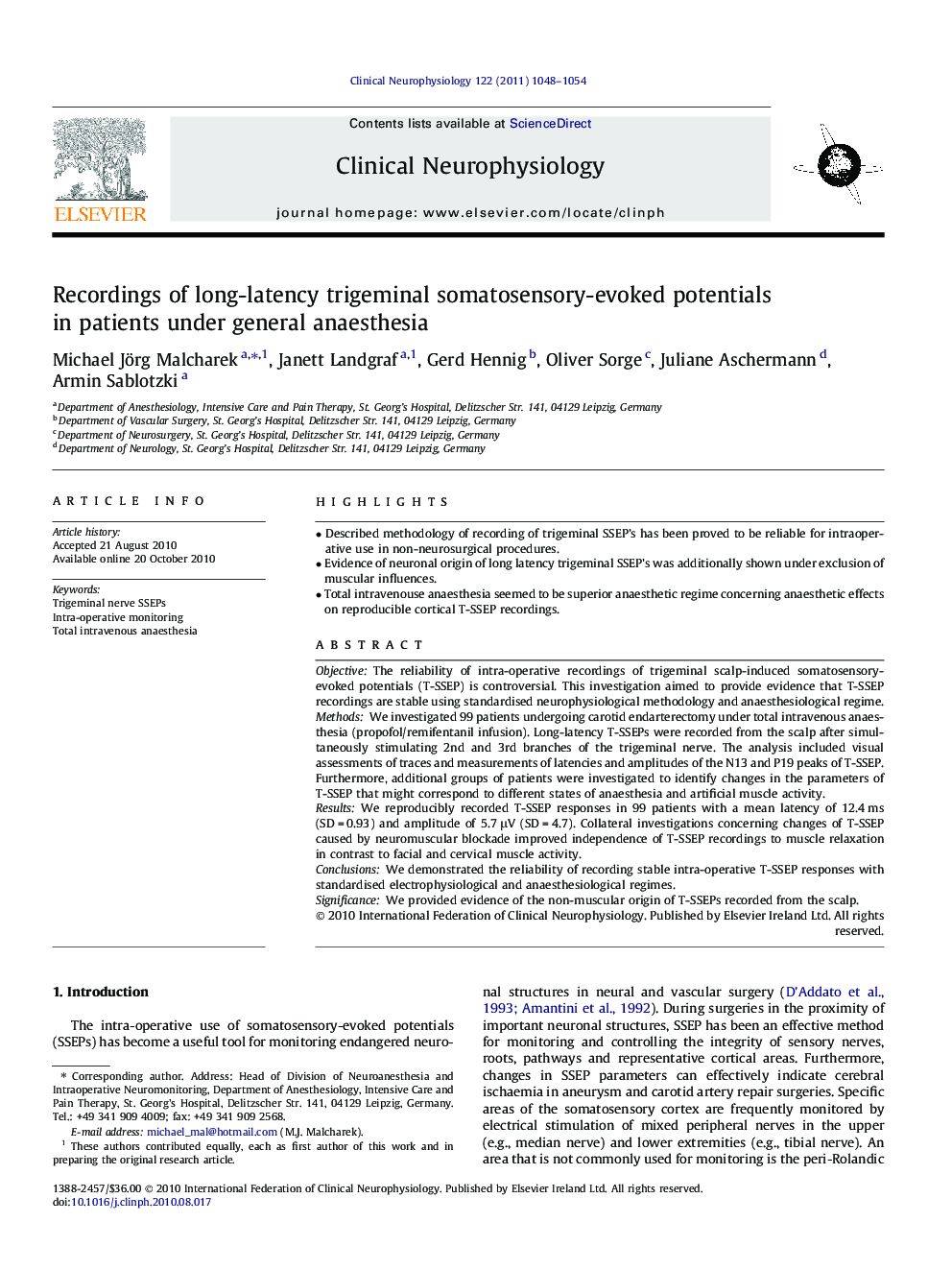 Recordings of long-latency trigeminal somatosensory-evoked potentials in patients under general anaesthesia