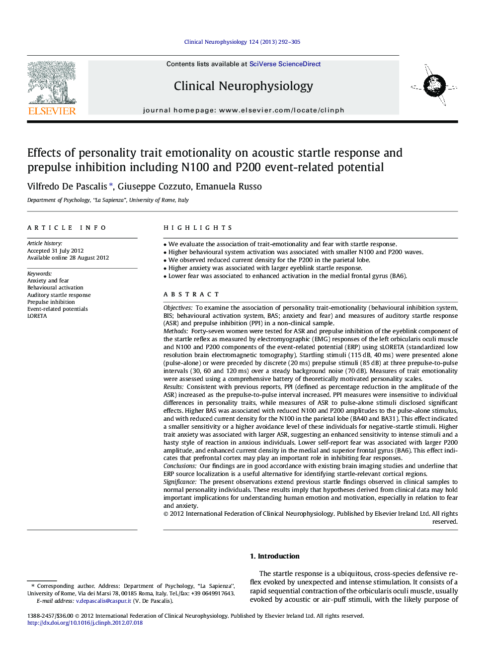 Effects of personality trait emotionality on acoustic startle response and prepulse inhibition including N100 and P200 event-related potential