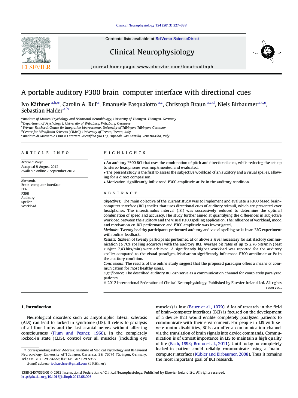 A portable auditory P300 brain–computer interface with directional cues