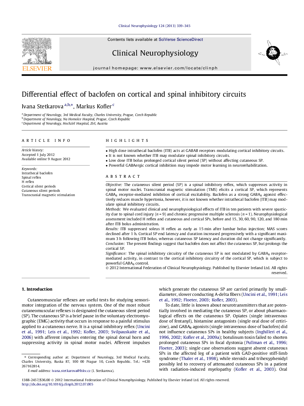 Differential effect of baclofen on cortical and spinal inhibitory circuits