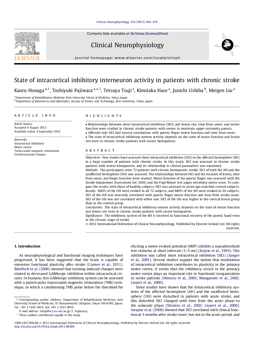 State of intracortical inhibitory interneuron activity in patients with chronic stroke