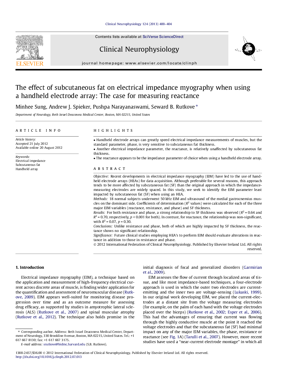 The effect of subcutaneous fat on electrical impedance myography when using a handheld electrode array: The case for measuring reactance