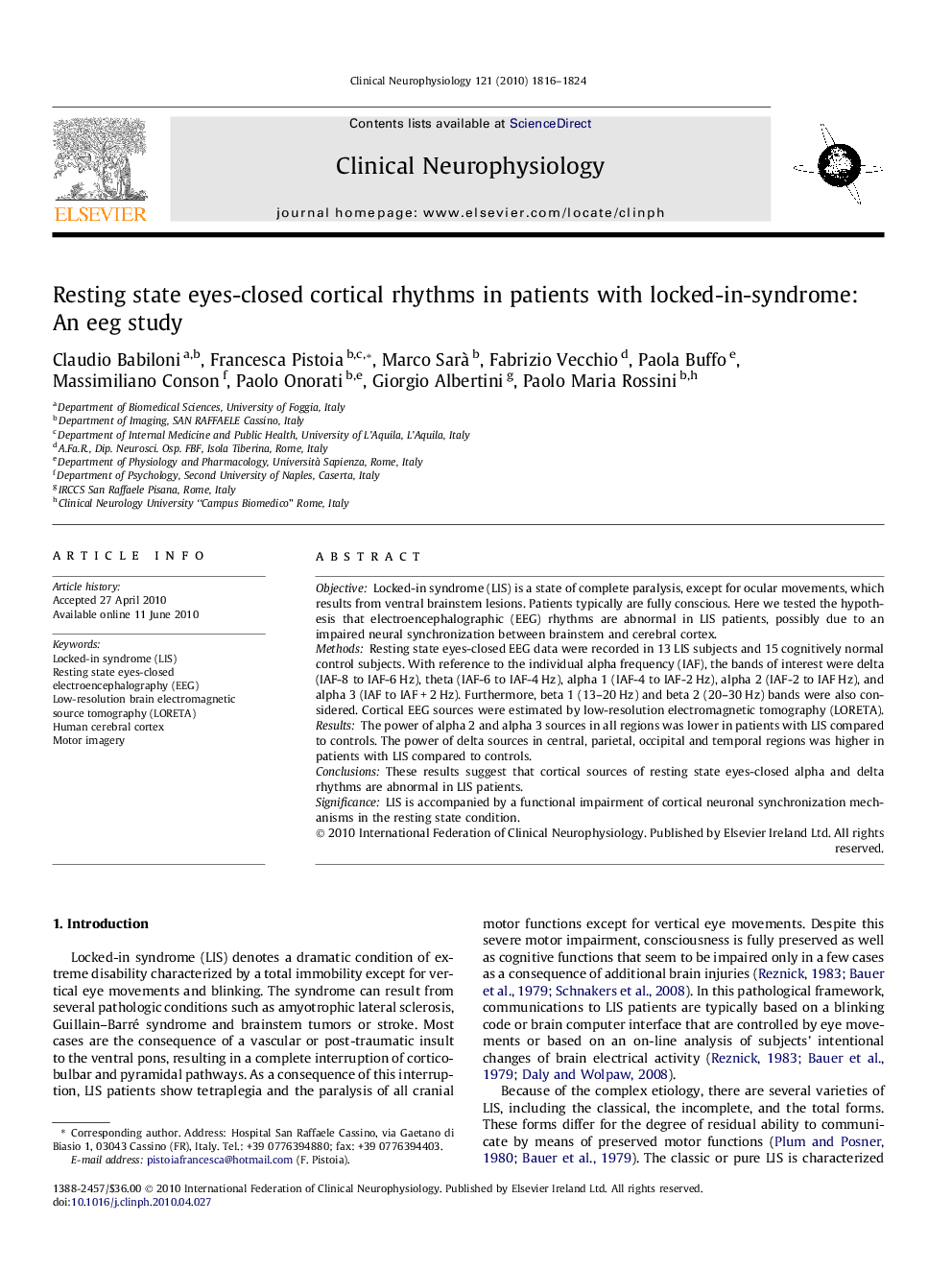 Resting state eyes-closed cortical rhythms in patients with locked-in-syndrome: An eeg study