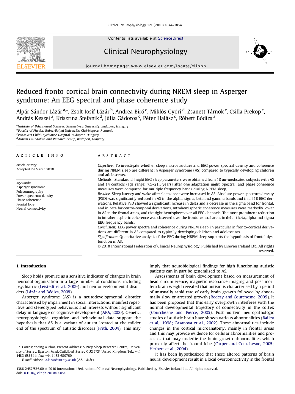 Reduced fronto-cortical brain connectivity during NREM sleep in Asperger syndrome: An EEG spectral and phase coherence study