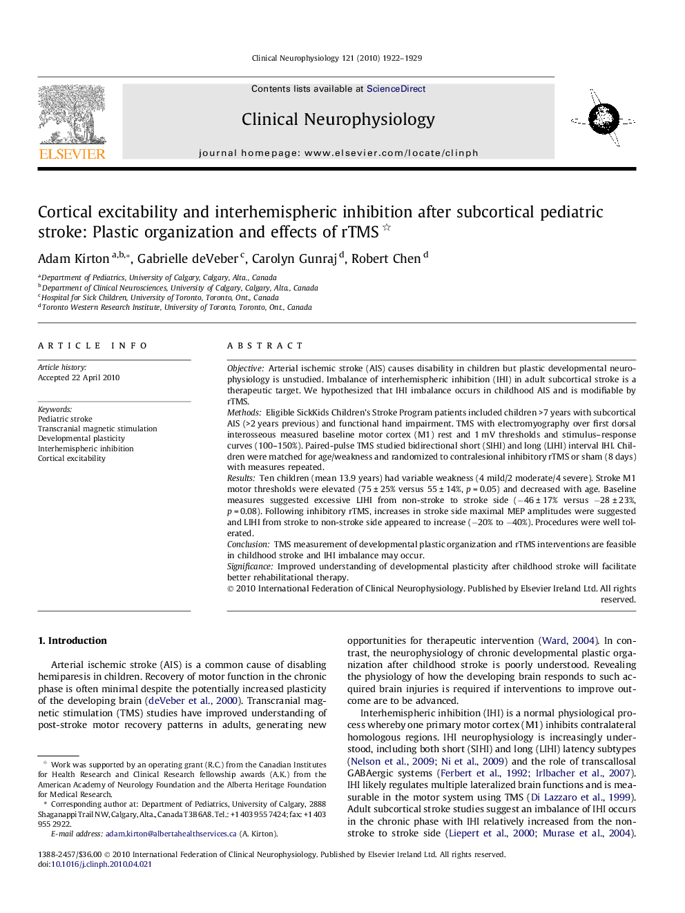 Cortical excitability and interhemispheric inhibition after subcortical pediatric stroke: Plastic organization and effects of rTMS 