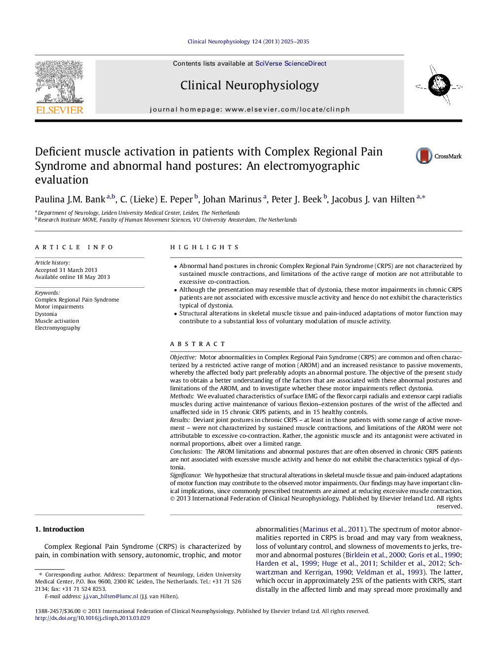 Deficient muscle activation in patients with Complex Regional Pain Syndrome and abnormal hand postures: An electromyographic evaluation