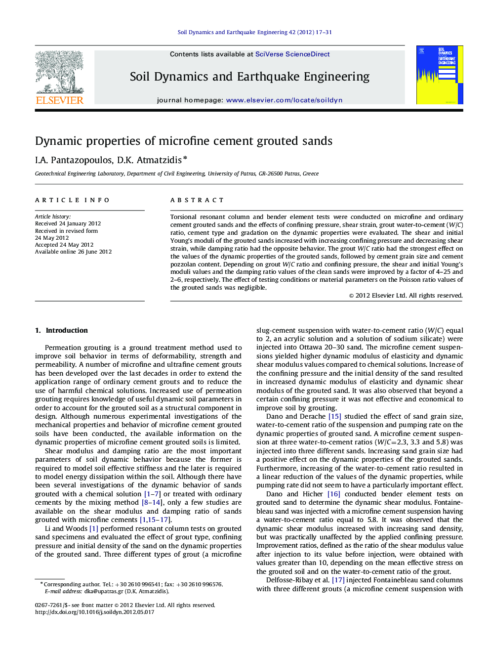 عکس صفحه اول مقاله: Dynamic properties of microfine cement grouted sands Dynamic properties of microfine cement grouted sands