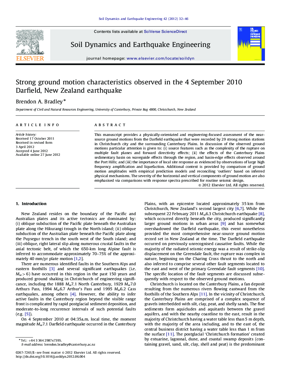 عکس صفحه اول مقاله: Strong ground motion characteristics observed in the 4 September 2010 Darfield, New Zealand earthquake Strong ground motion characteristics observed in the 4 September 2010 Darfield, New Zealand earthquake