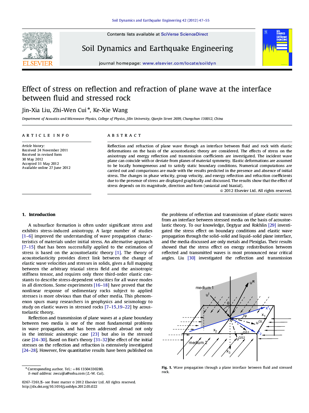 عکس صفحه اول مقاله: Effect of stress on reflection and refraction of plane wave at the interface between fluid and stressed rock Effect of stress on reflection and refraction of plane wave at the interface between fluid and stressed rock