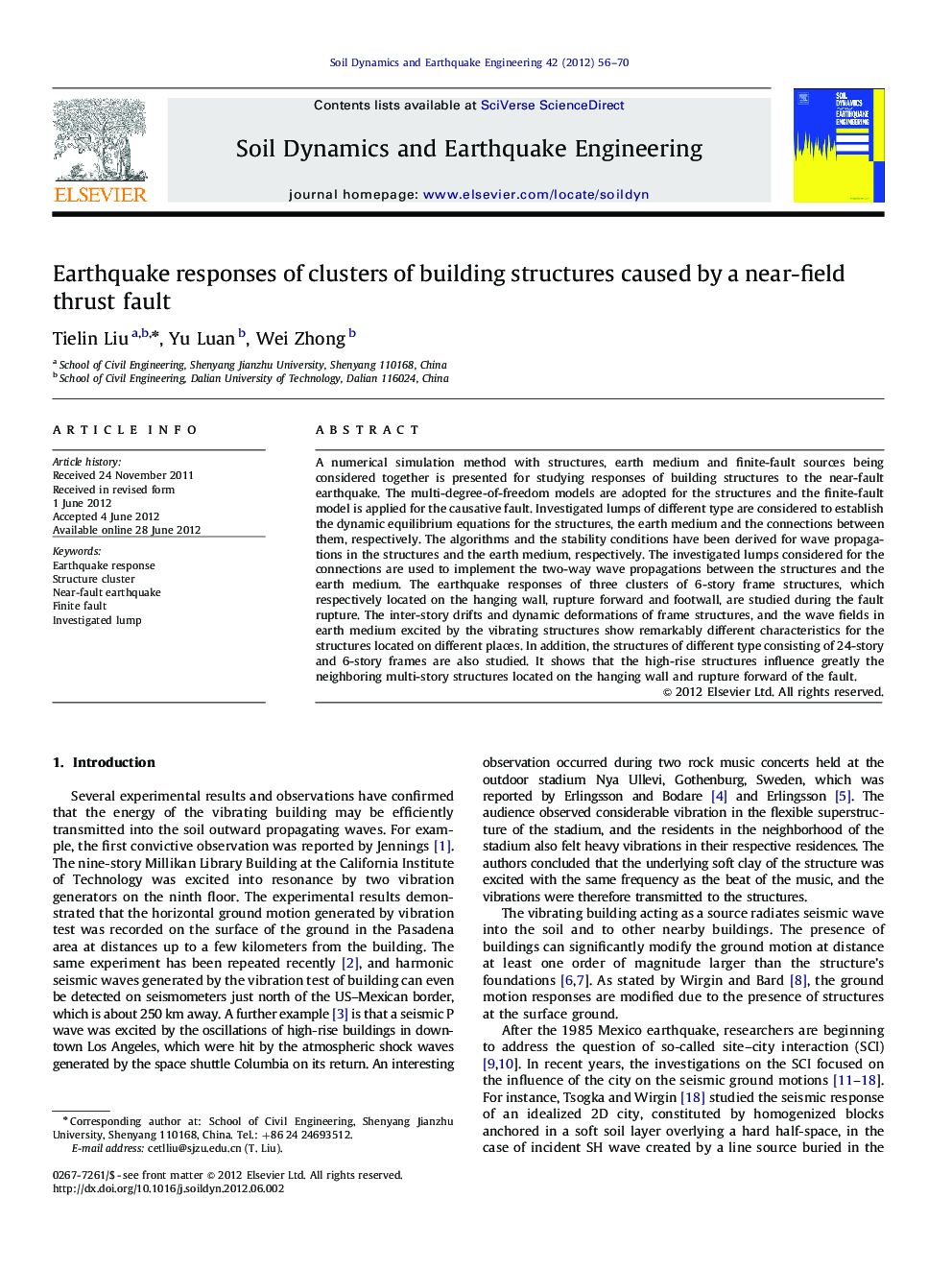 Earthquake responses of clusters of building structures caused by a near-field thrust fault