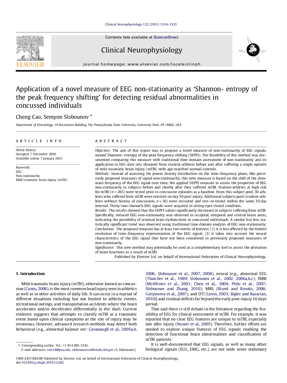 Application of a novel measure of EEG non-stationarity as ‘Shannon- entropy of the peak frequency shifting’ for detecting residual abnormalities in concussed individuals