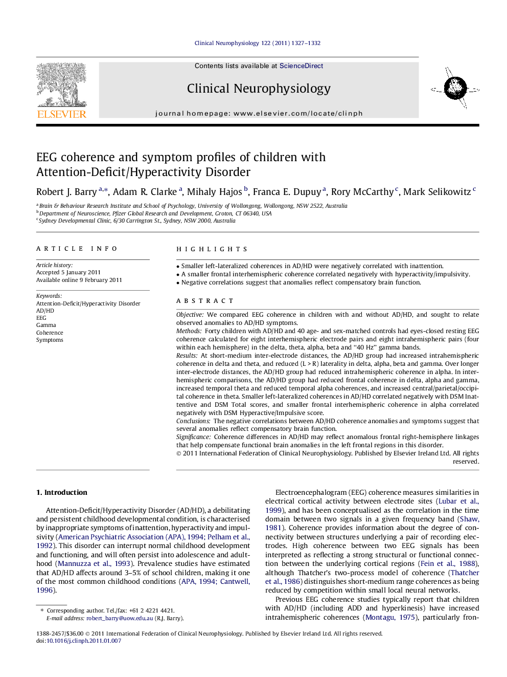 EEG coherence and symptom profiles of children with Attention-Deficit/Hyperactivity Disorder