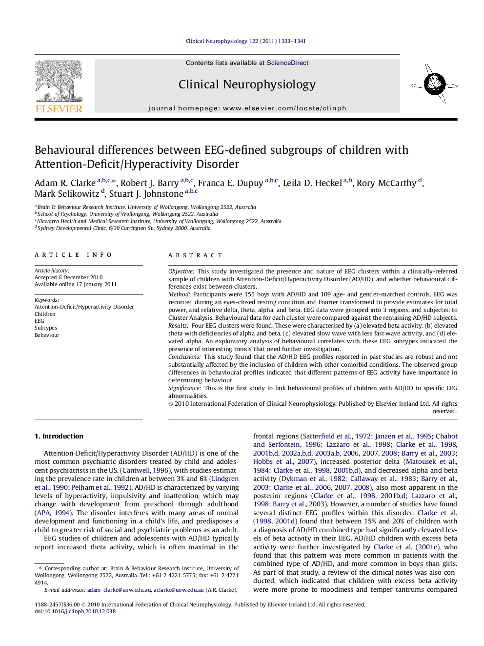 Behavioural differences between EEG-defined subgroups of children with Attention-Deficit/Hyperactivity Disorder