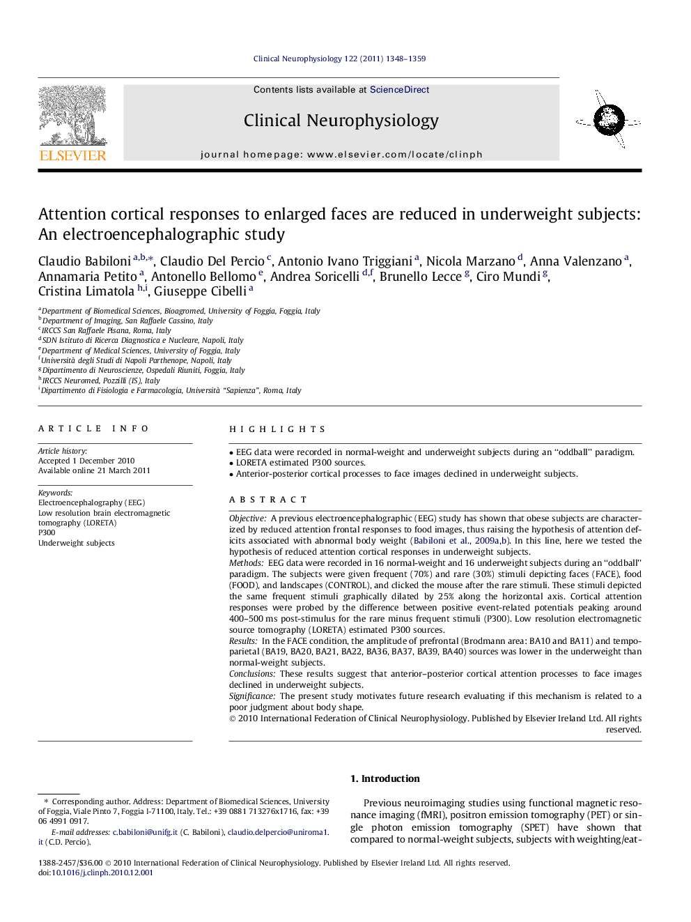 Attention cortical responses to enlarged faces are reduced in underweight subjects: An electroencephalographic study