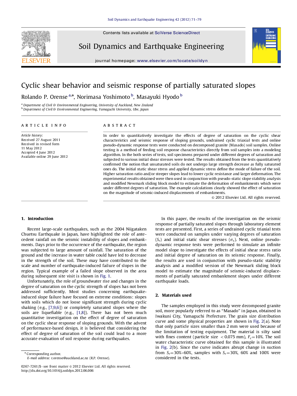 عکس صفحه اول مقاله: Cyclic shear behavior and seismic response of partially saturated slopes Cyclic shear behavior and seismic response of partially saturated slopes